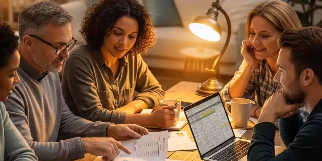 Group of diverse individuals discussing credit repair services in a cozy setting