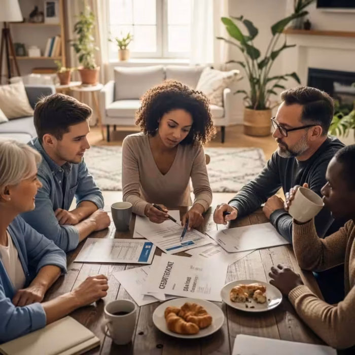 Group of diverse individuals discussing credit repair services in a cozy setting