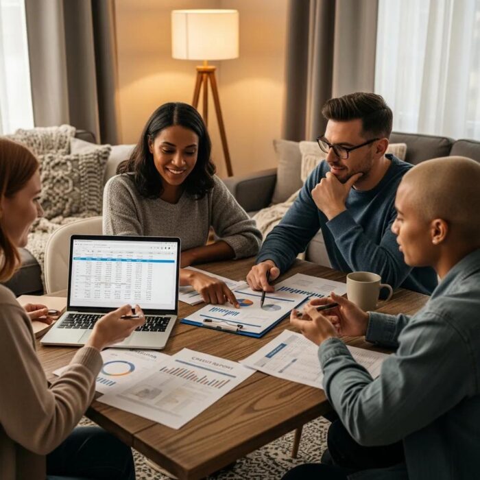 Group of diverse individuals discussing credit repair services in a cozy setting