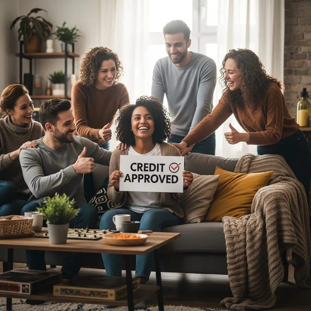 Group of friends celebrating financial success with credit builder loans
