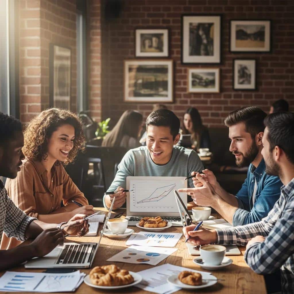 Group of friends discussing financial strategies in a café, highlighting credit repair support