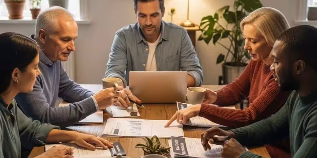 Group of people discussing credit repair in a cozy home environment