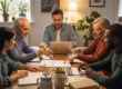 Group of people discussing credit repair in a cozy home environment