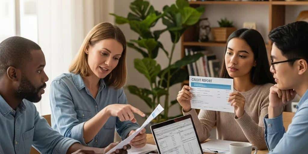 Group of people discussing credit restoration services in a cozy home environment