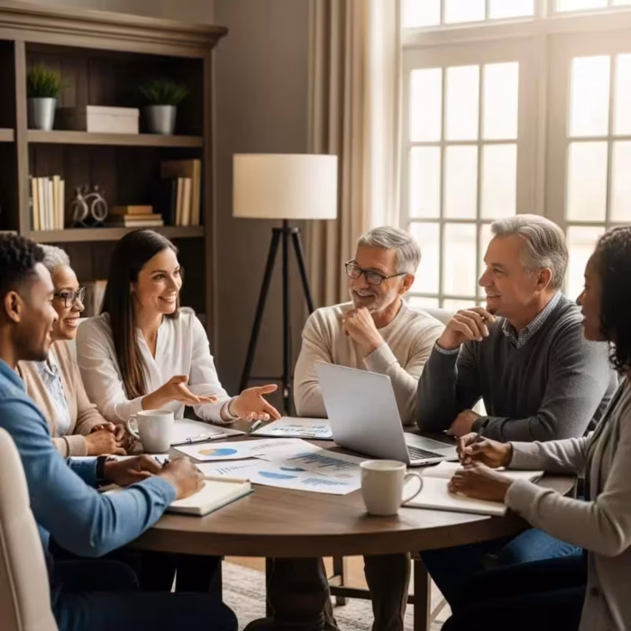 Group of Texans in a cozy setting discussing credit counseling and financial improvement