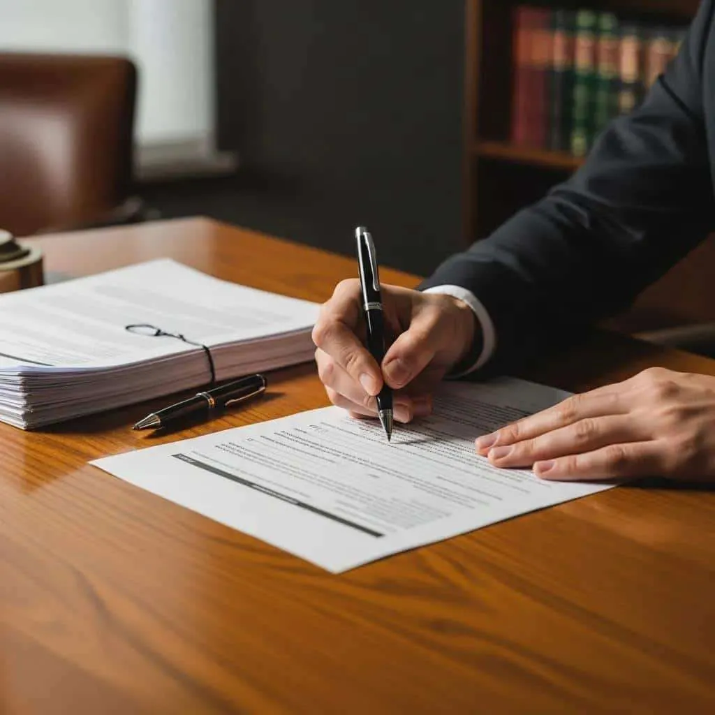 Hands completing legal forms for filing a debt lawsuit in Texas