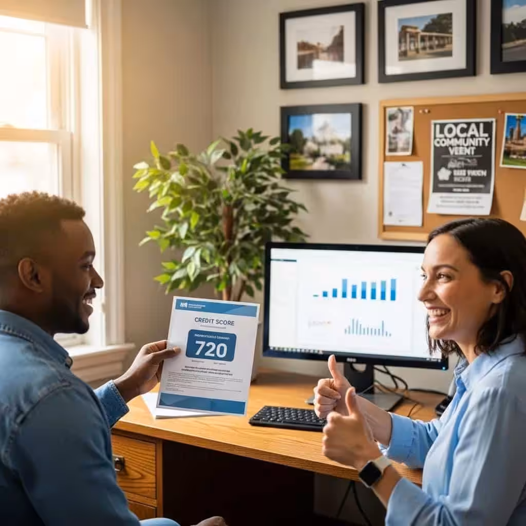 Happy client celebrating credit score improvement with a financial advisor in a cozy office