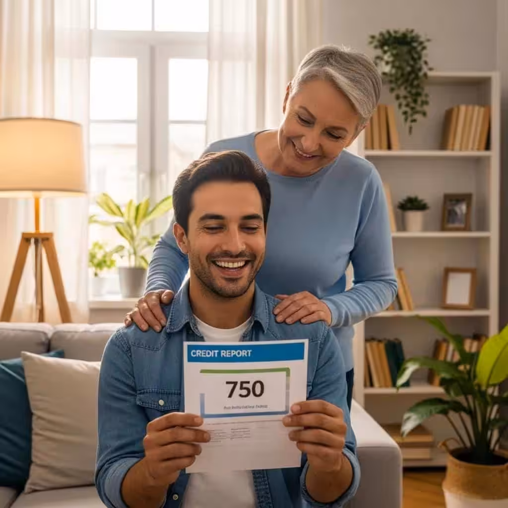 Happy client celebrating credit score improvement with family member