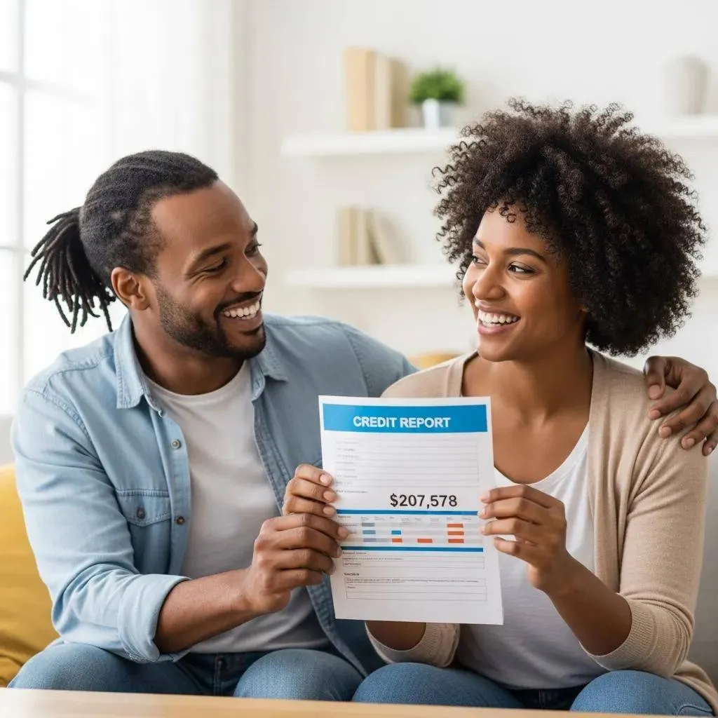 Happy client celebrating improved credit score with family in a cozy living room