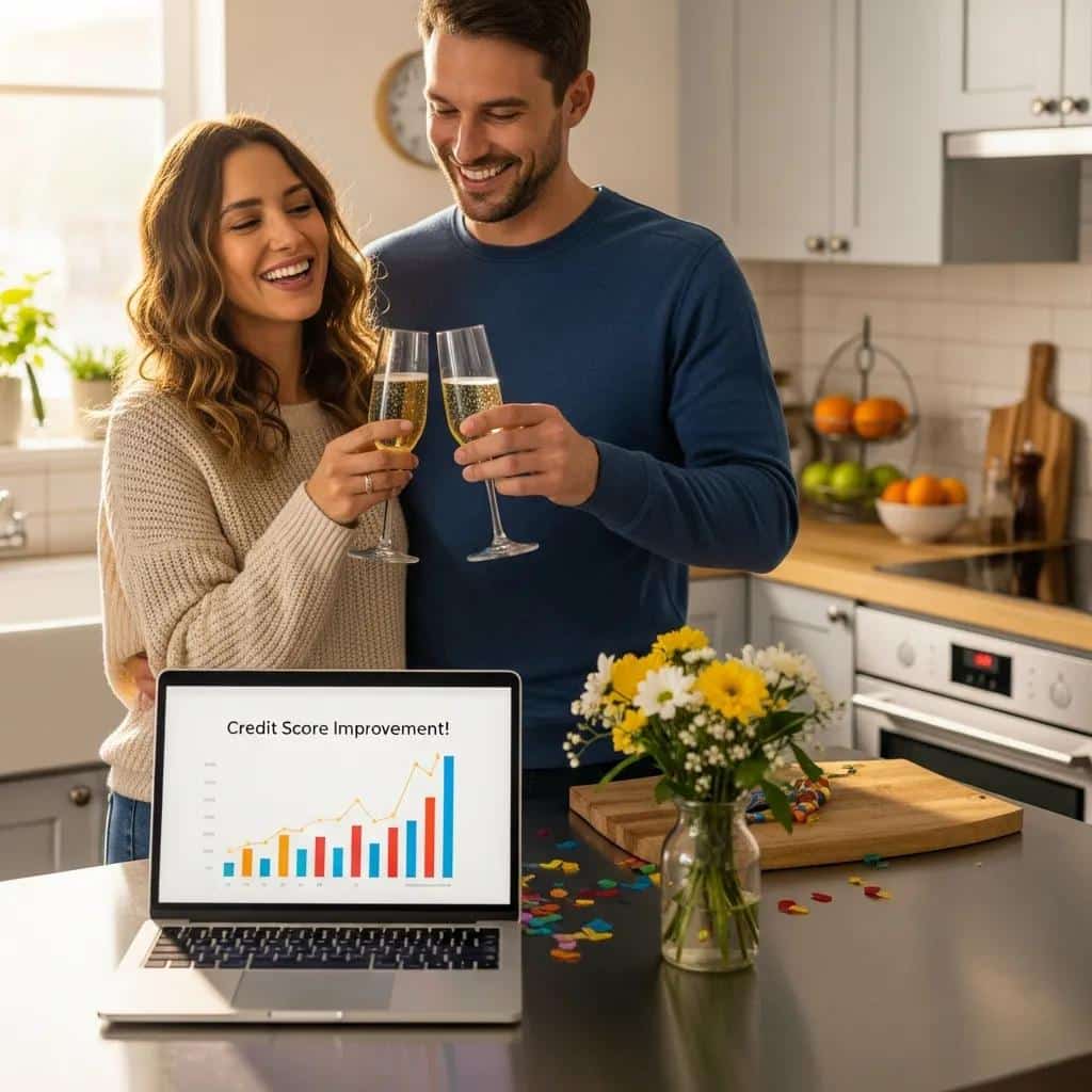 Happy couple celebrating credit score improvement in a cozy kitchen