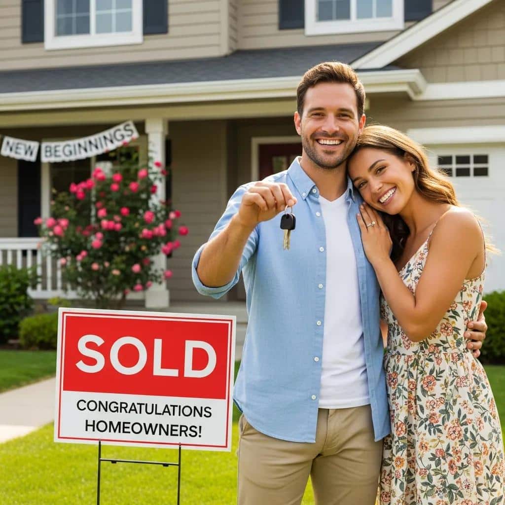 Happy couple celebrating home ownership after successful credit repair, symbolizing positive outcomes