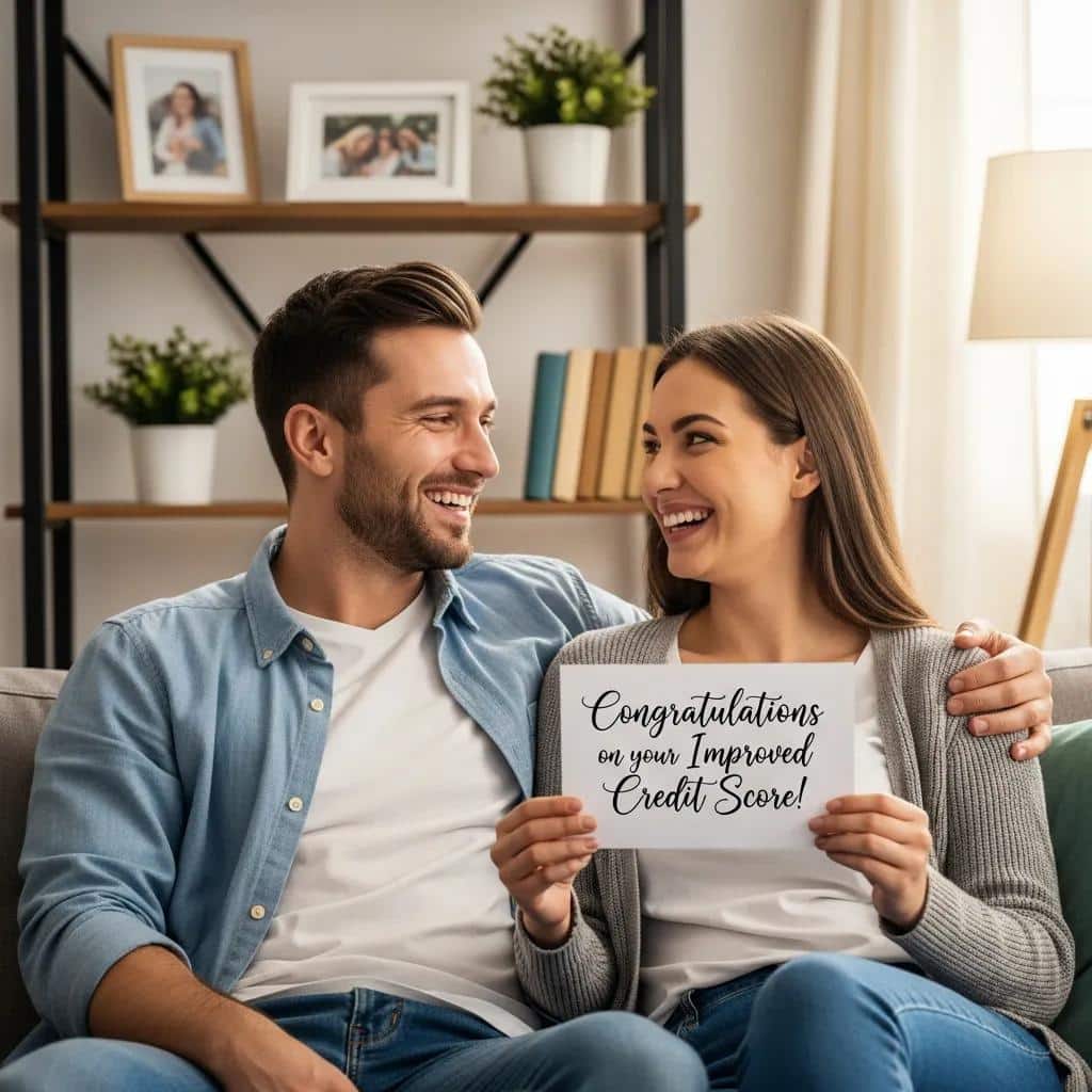 Happy couple celebrating improved credit score in a cozy living room