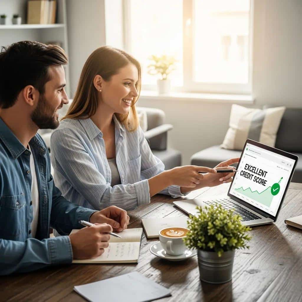 Happy couple discussing financial plans with a laptop showing improved credit score