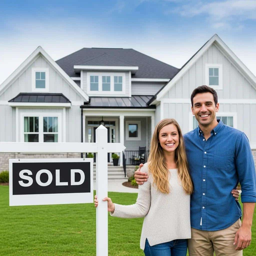 Happy couple in front of their new home, celebrating mortgage approval through credit repair
