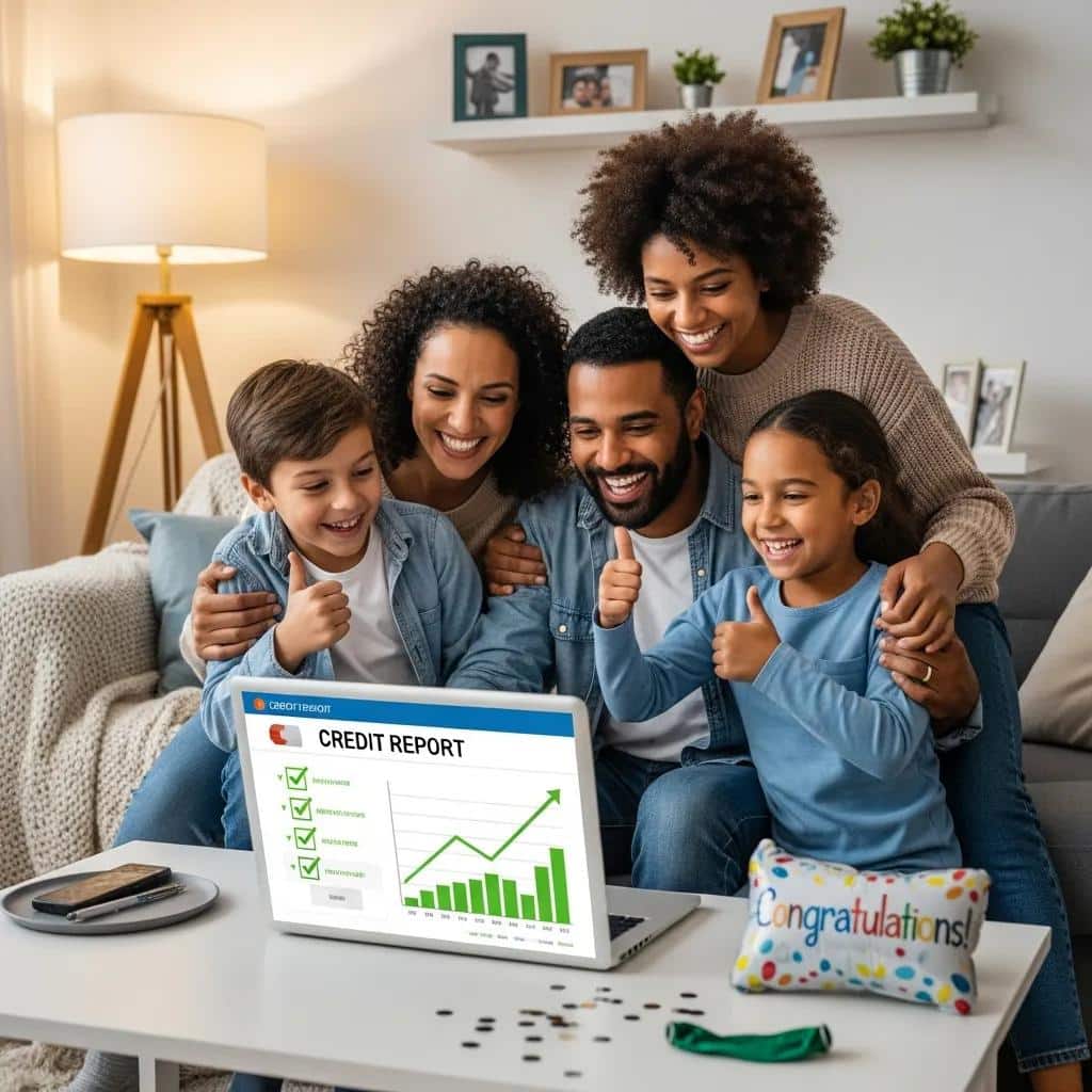 Happy family celebrating improved credit score after using credit repair services