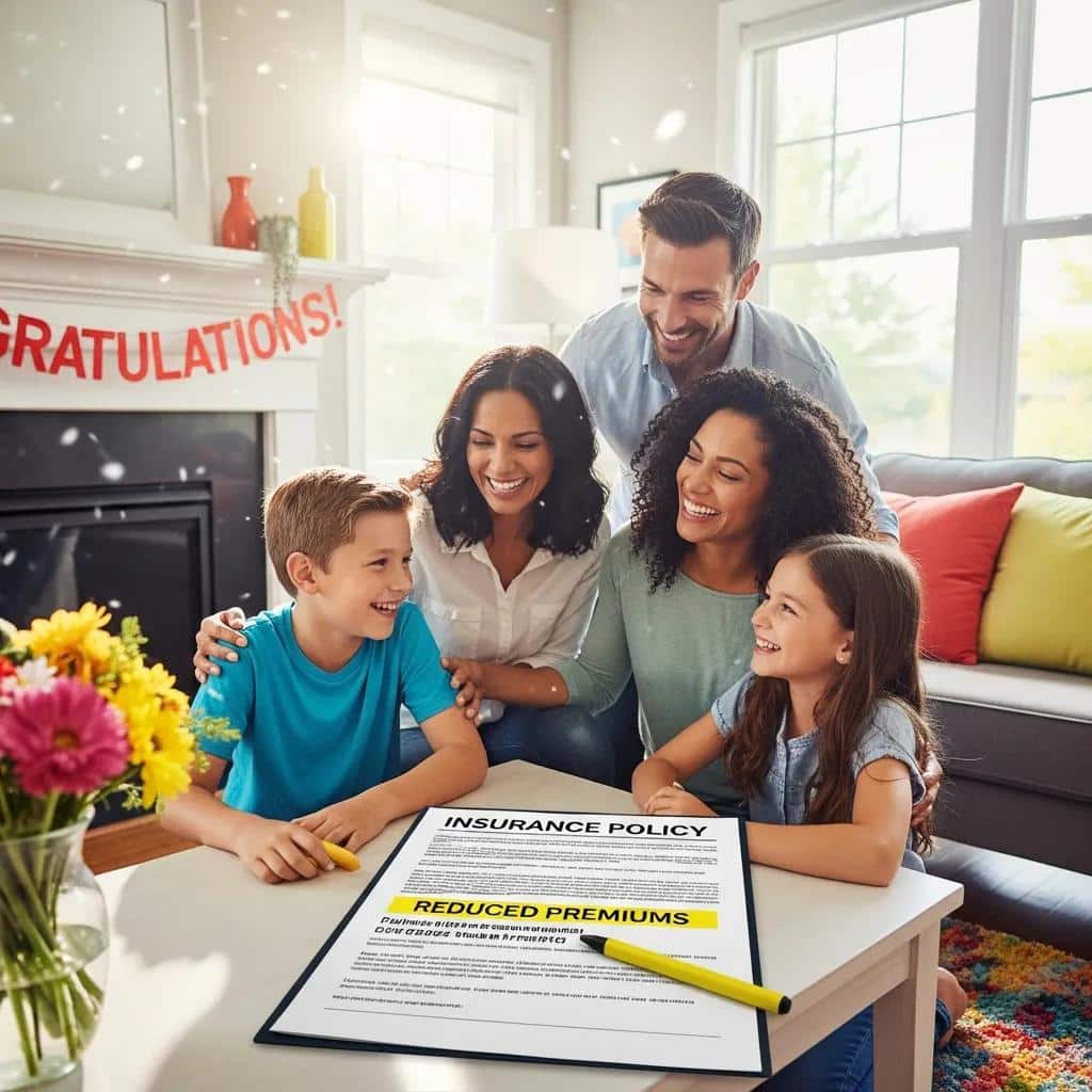 Happy family celebrating in their living room with insurance documents, showcasing the benefits of credit repair on premiums