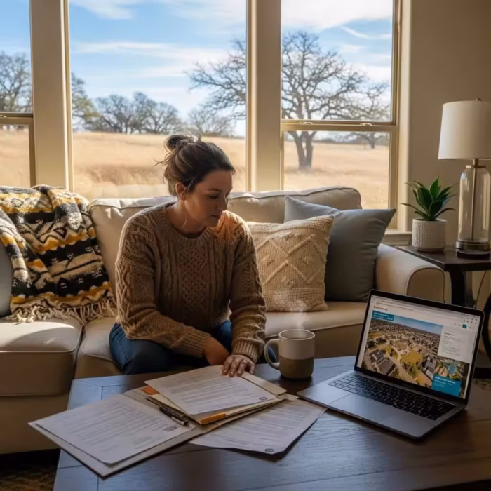 Homeowner reviewing property documents in a cozy living room, emphasizing judgment liens in Texas