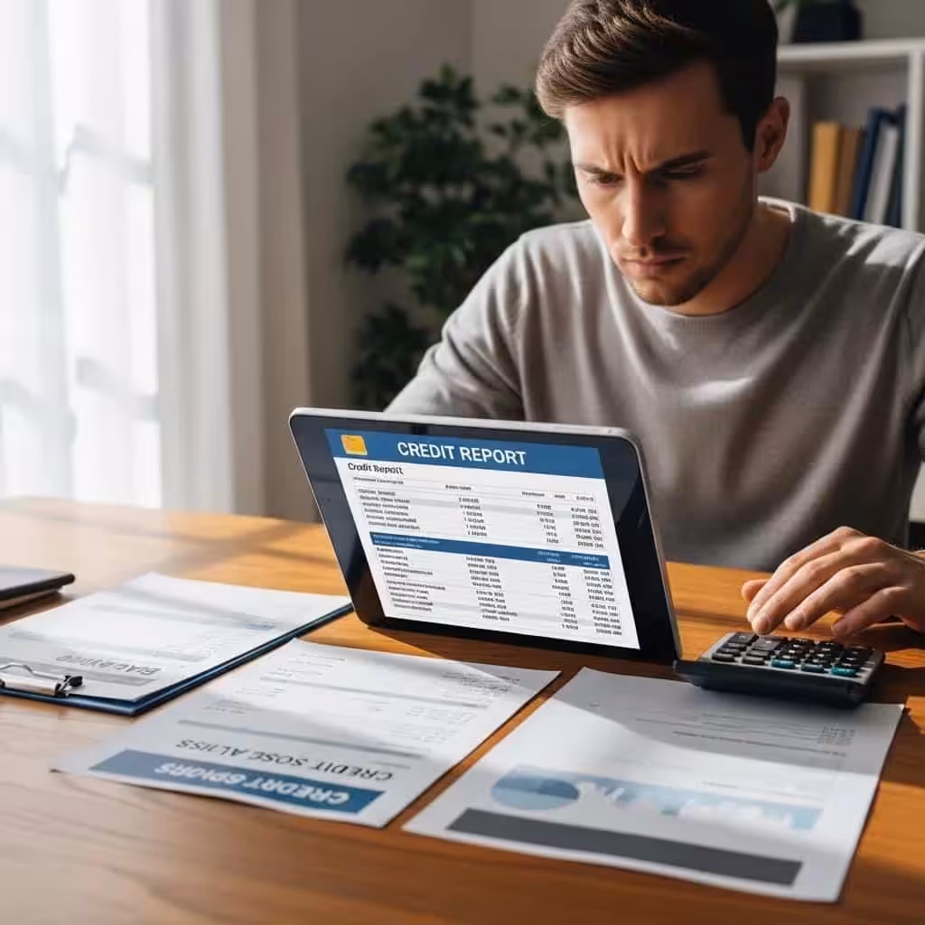 Individual analyzing credit report and financial documents to understand eviction impact