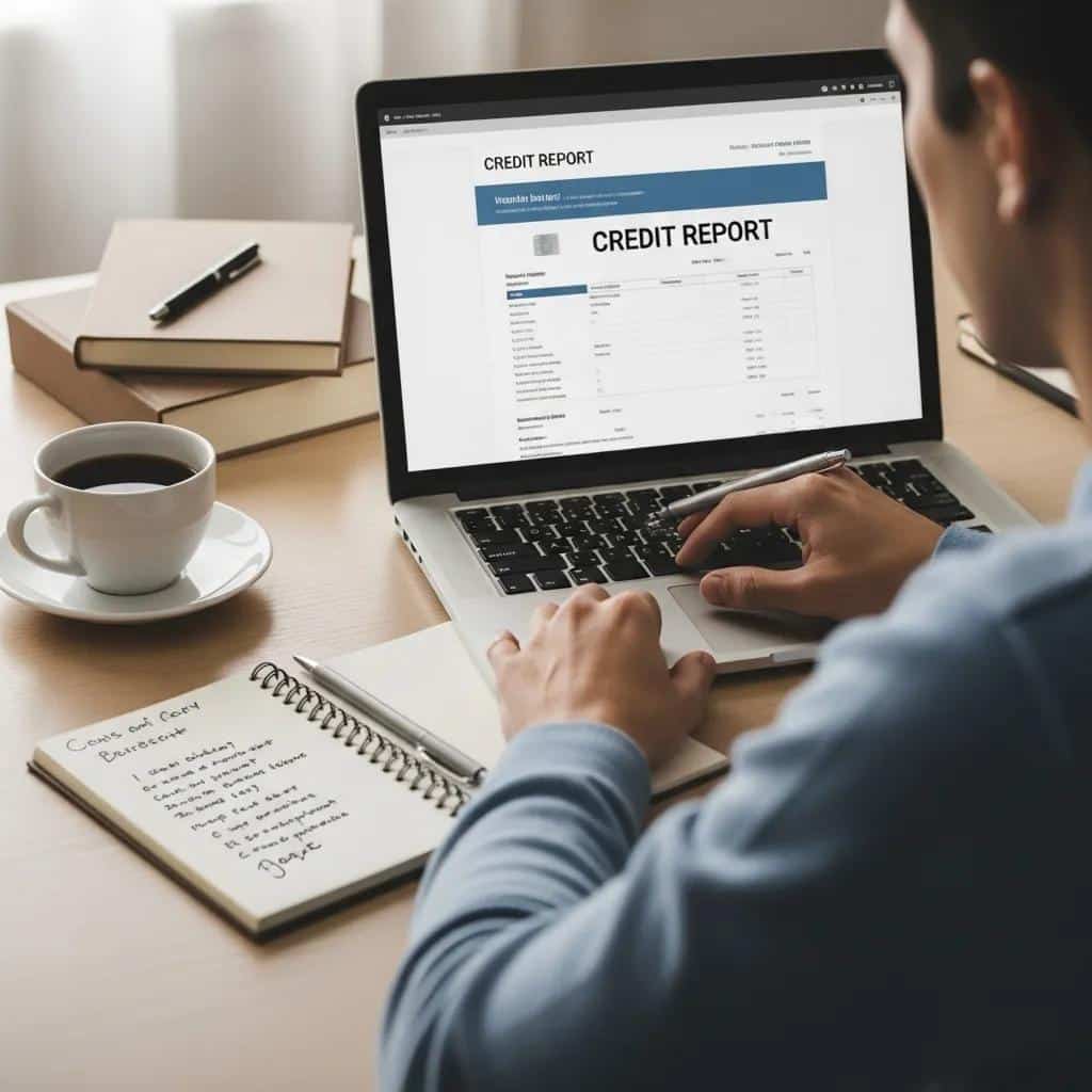 Individual analyzing credit report at a desk with warm ambiance