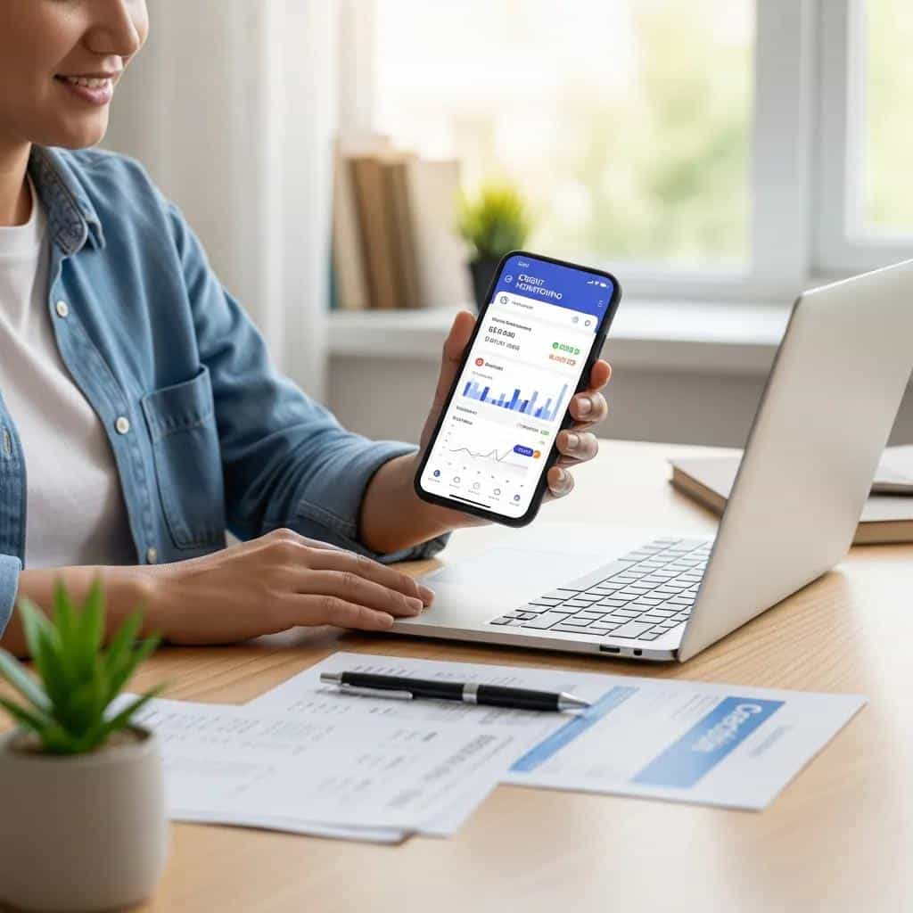 Individual checking a credit monitoring app on a smartphone, highlighting the importance of ongoing credit management and monitoring services
