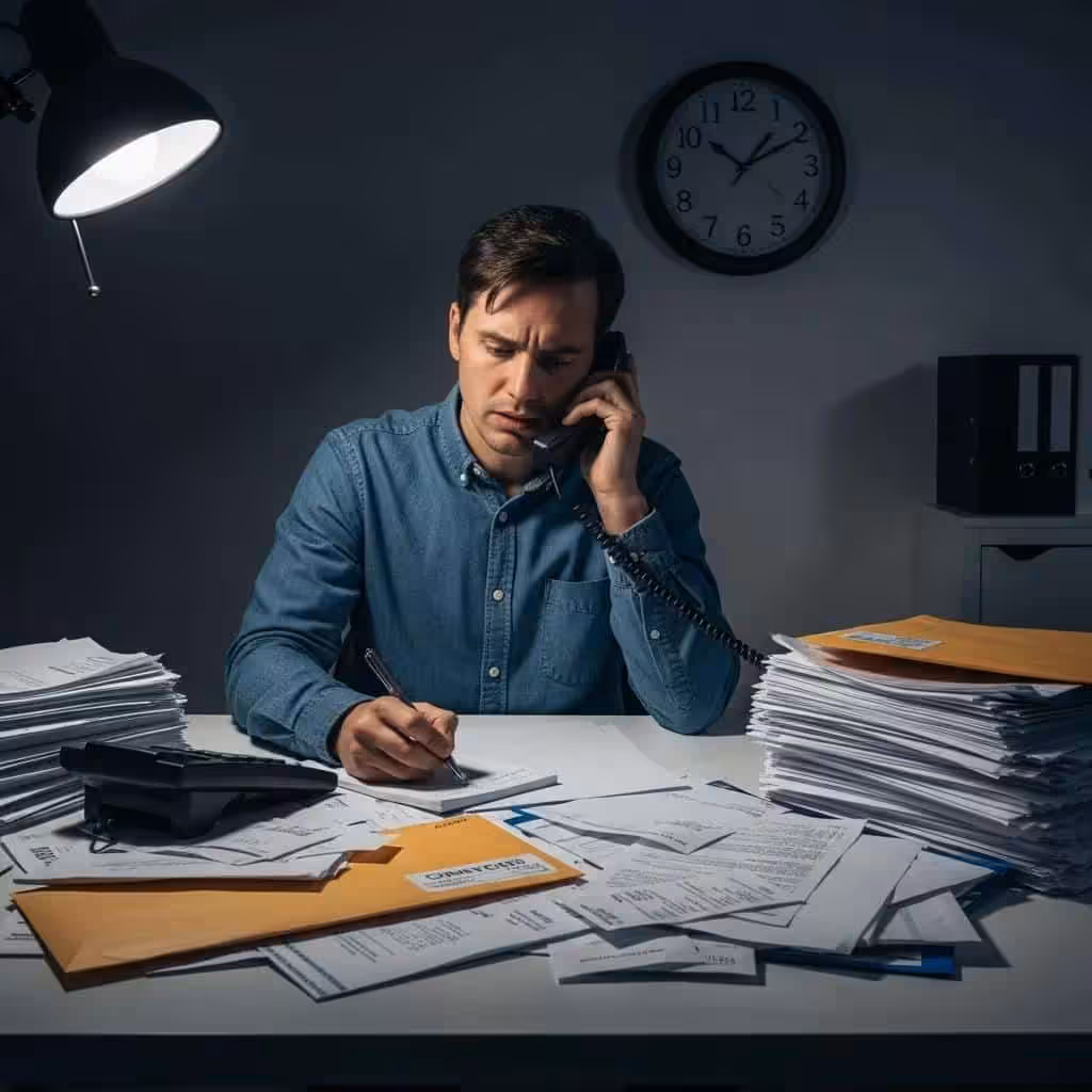 Individual distressed on a phone call, illustrating the signs of debt collector harassment