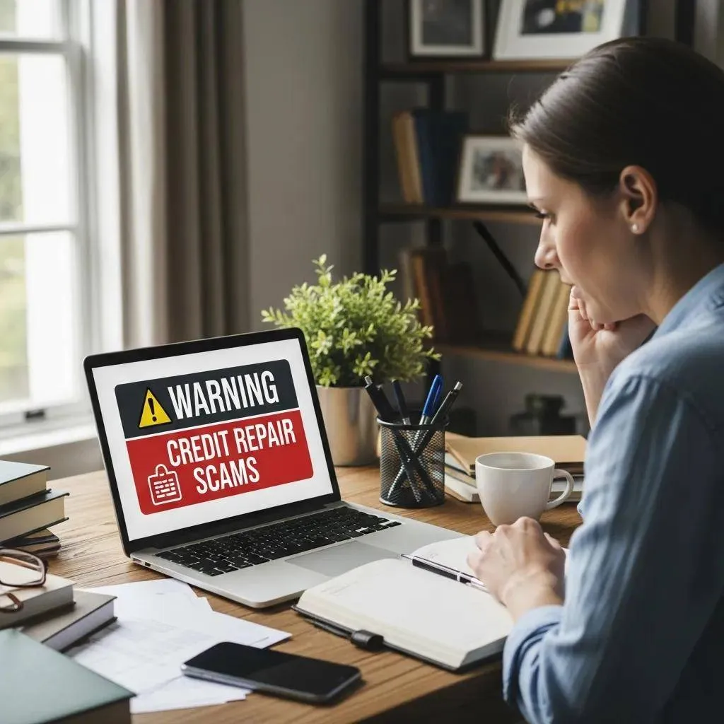 Individual looking concerned at a laptop screen about credit repair scams