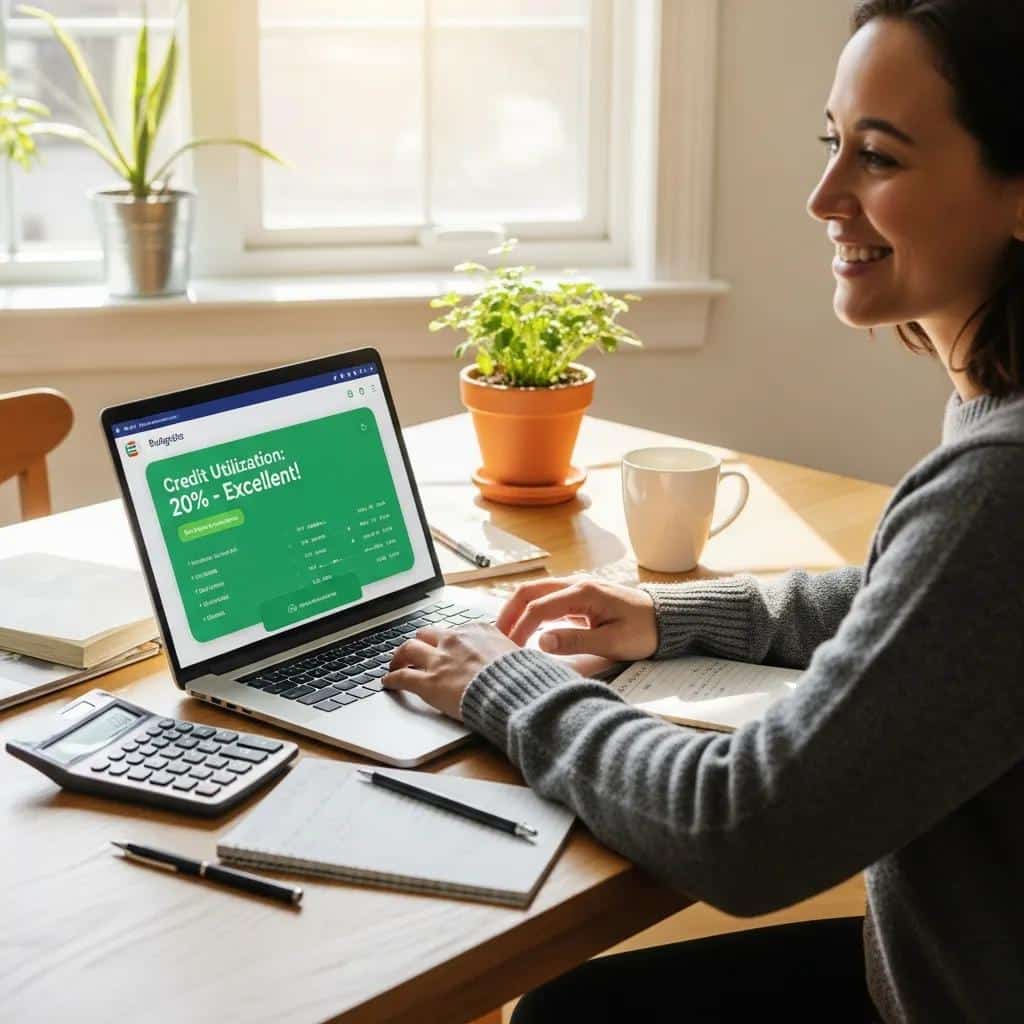 Individual managing finances with a calculator and laptop, focusing on strategies for credit utilization