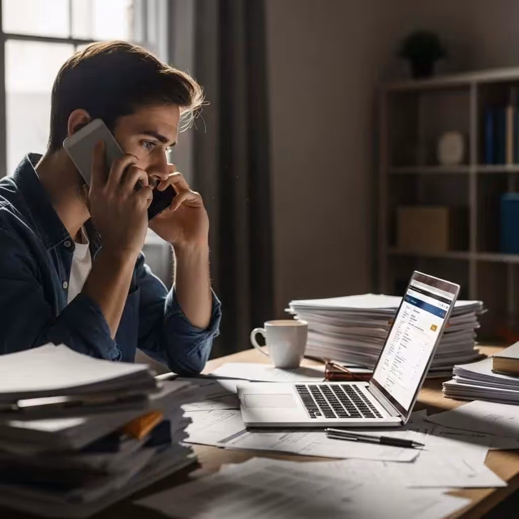 Individual on a phone call, surrounded by documents, illustrating the ChexSystems dispute process