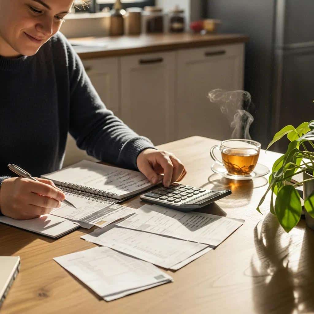 Individual paying down credit card bills with budgeting tools in a cozy kitchen setting