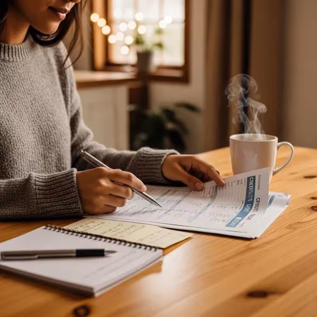 Individual reviewing a credit report at a kitchen table, illustrating the importance of credit report interpretation