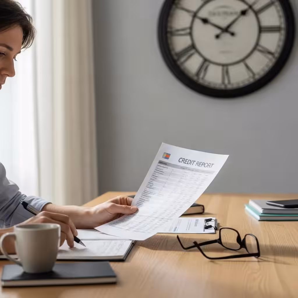 Individual reviewing a credit report with a clock in the background, symbolizing dispute resolution timeline