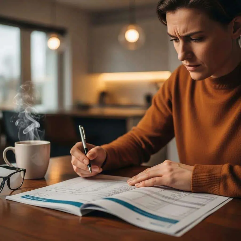 Individual reviewing credit report at kitchen table, highlighting awareness of credit discrimination in a cozy setting