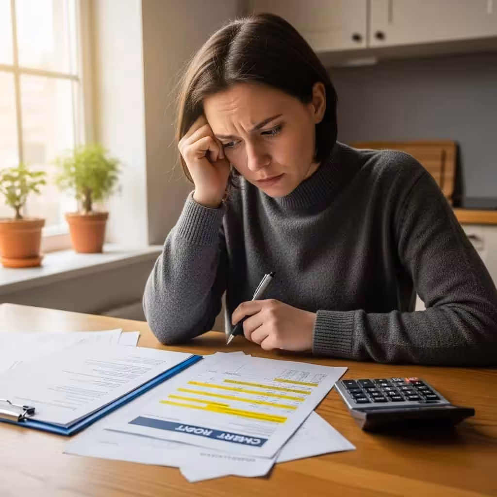 Individual reviewing credit report at kitchen table, highlighting the impact of hard credit inquiries