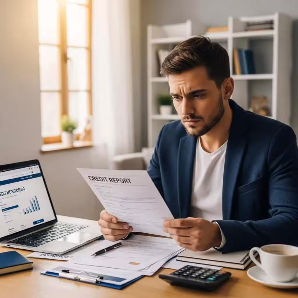 Individual reviewing credit report in a home office, highlighting credit challenges