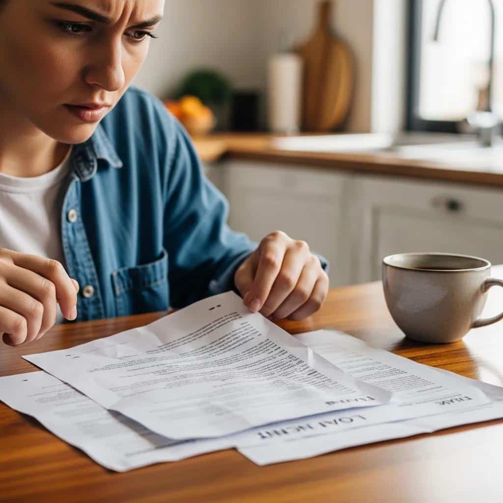 Individual reviewing loan documents with a concerned expression, highlighting warning signs of predatory lending