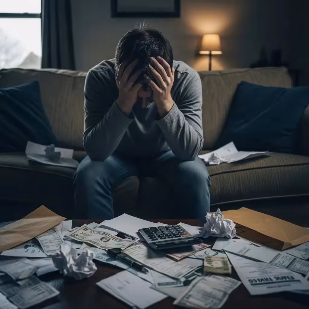 Individual stressed about financial bills, illustrating the risks associated with payday loans