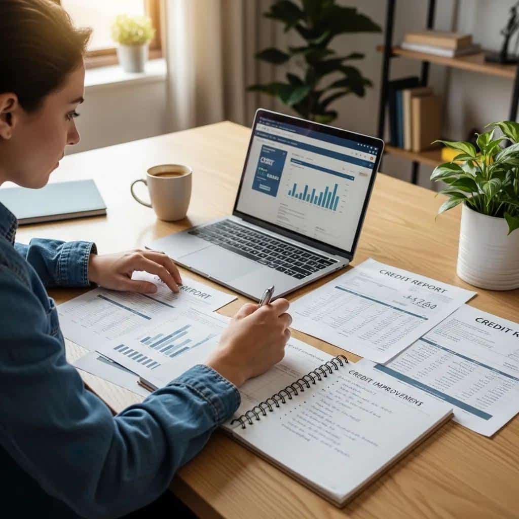 Individual working on credit repair strategies at a desk with documents and laptop