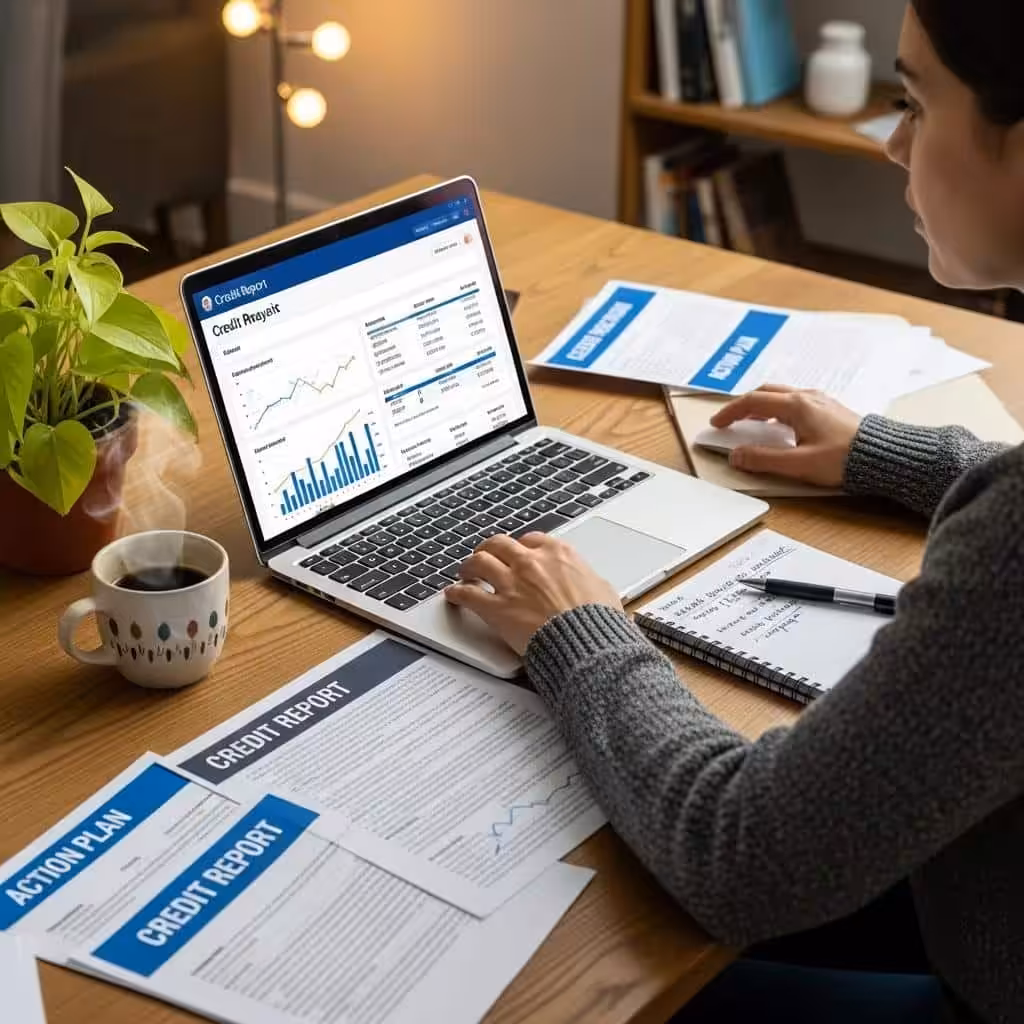 Individual working on credit repair strategies at a desk with documents and laptop