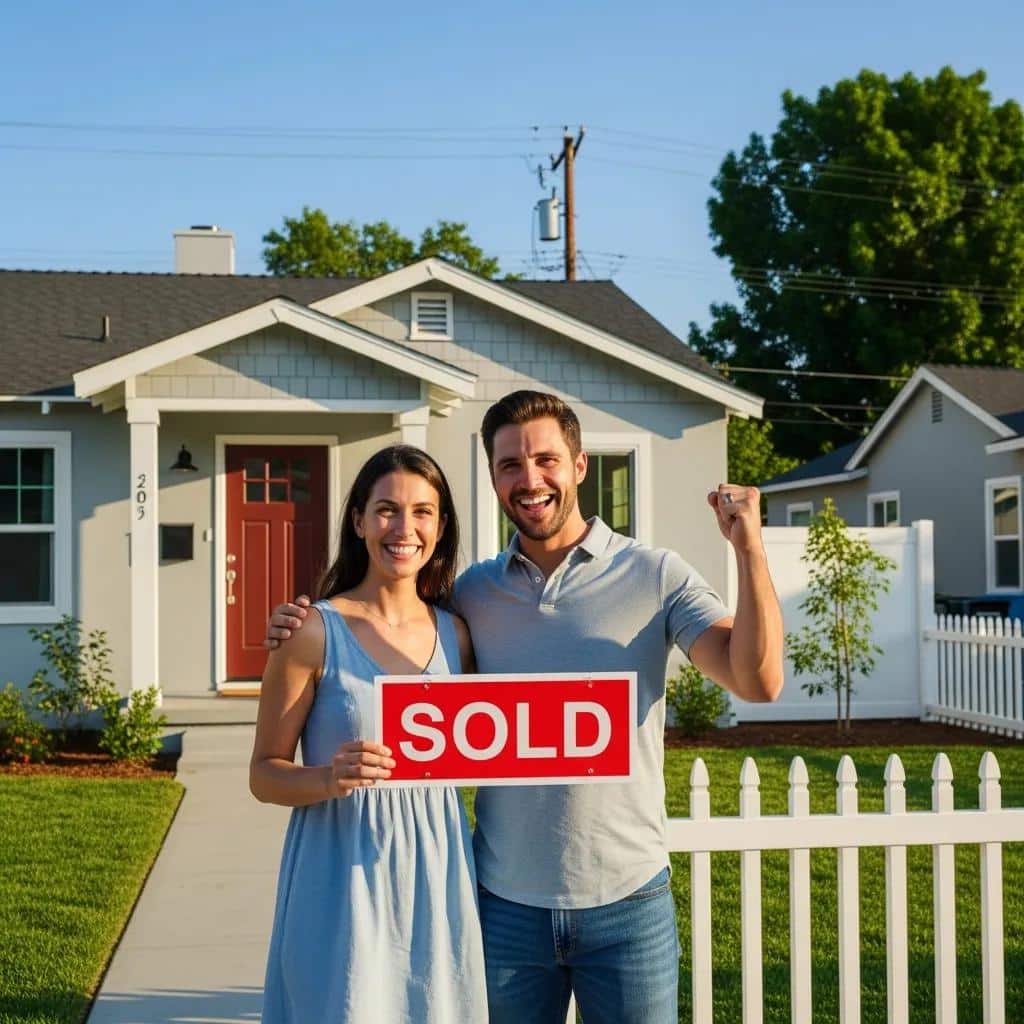 Joyful couple celebrating mortgage approval in front of their new home