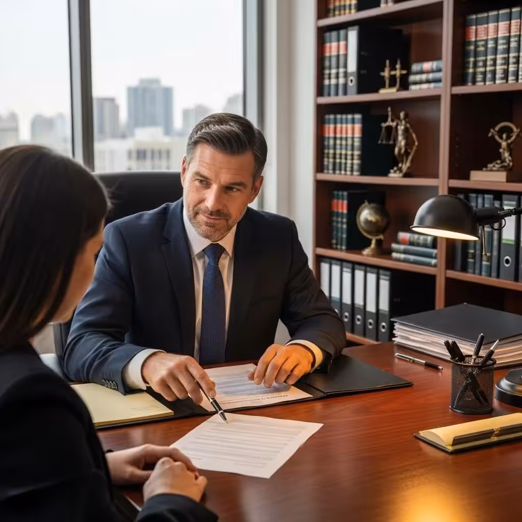 Lawyer advising a client on attorney-backed credit dispute letters in a professional office