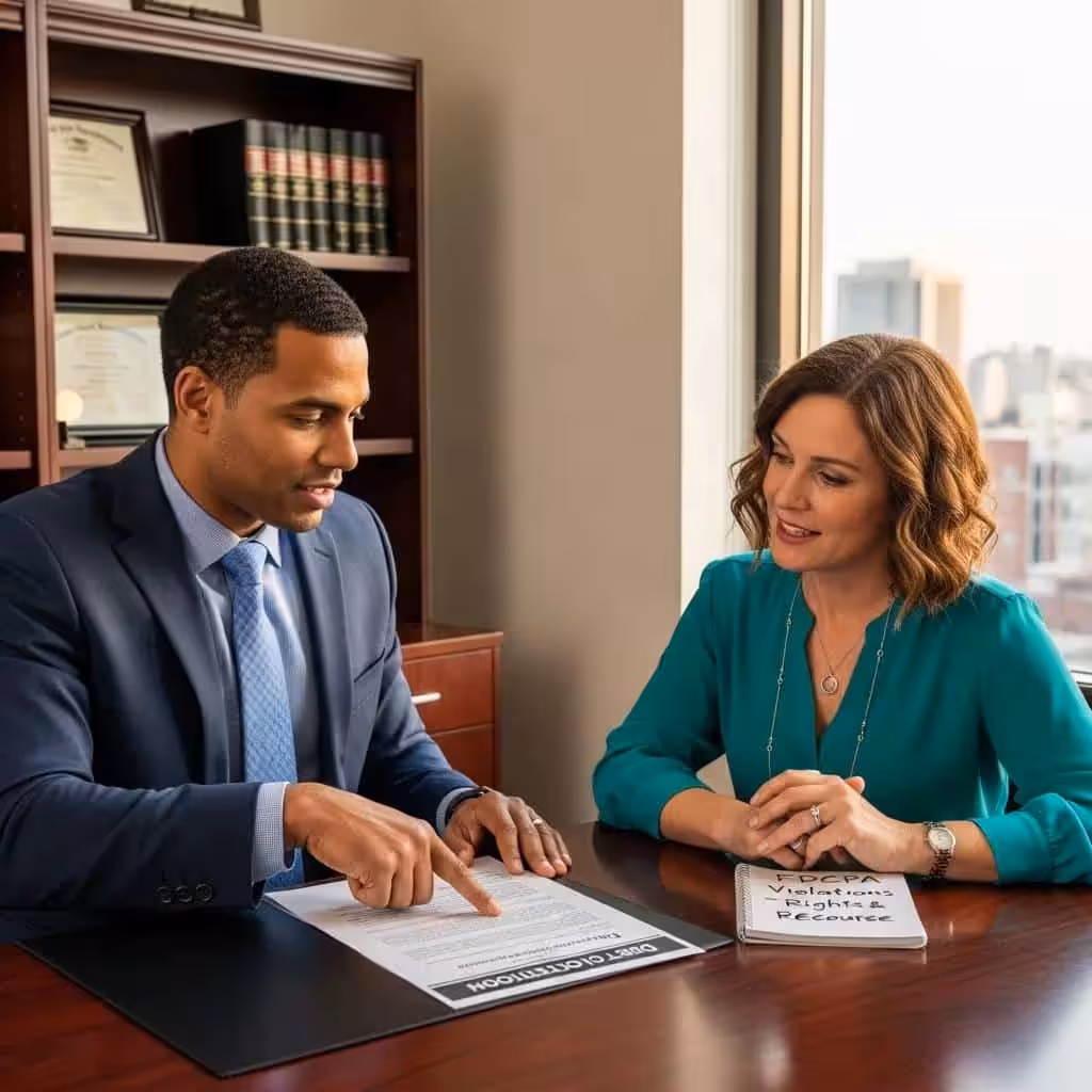 Lawyer advising a client on legal remedies for FDCPA violations, showcasing professional support