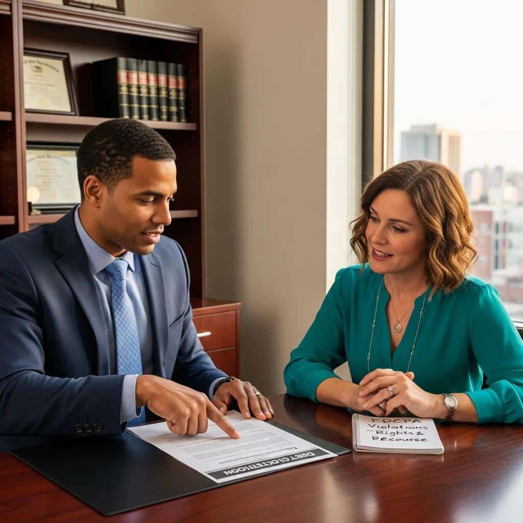Lawyer advising a client on legal remedies for FDCPA violations, showcasing professional support