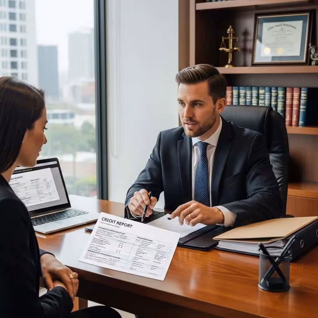 Lawyer analyzing credit report for attorney-backed credit repair process