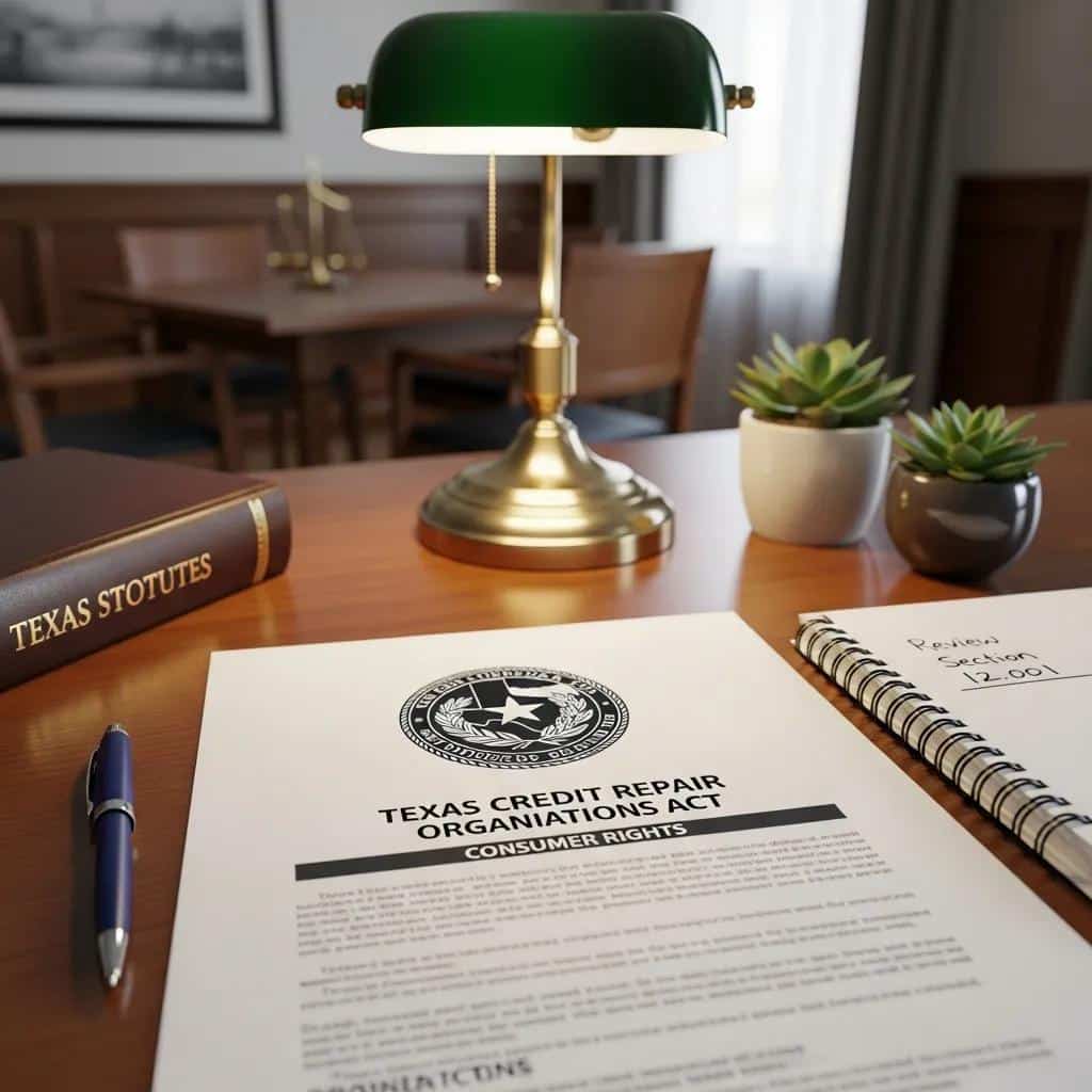 Legal document on Texas credit repair laws with state seal and office supplies