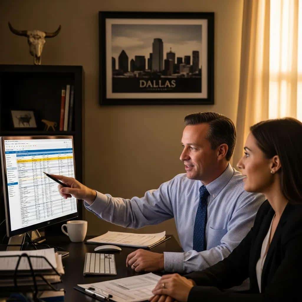 Local credit repair expert consulting with a client about credit reports in a Dallas-themed office