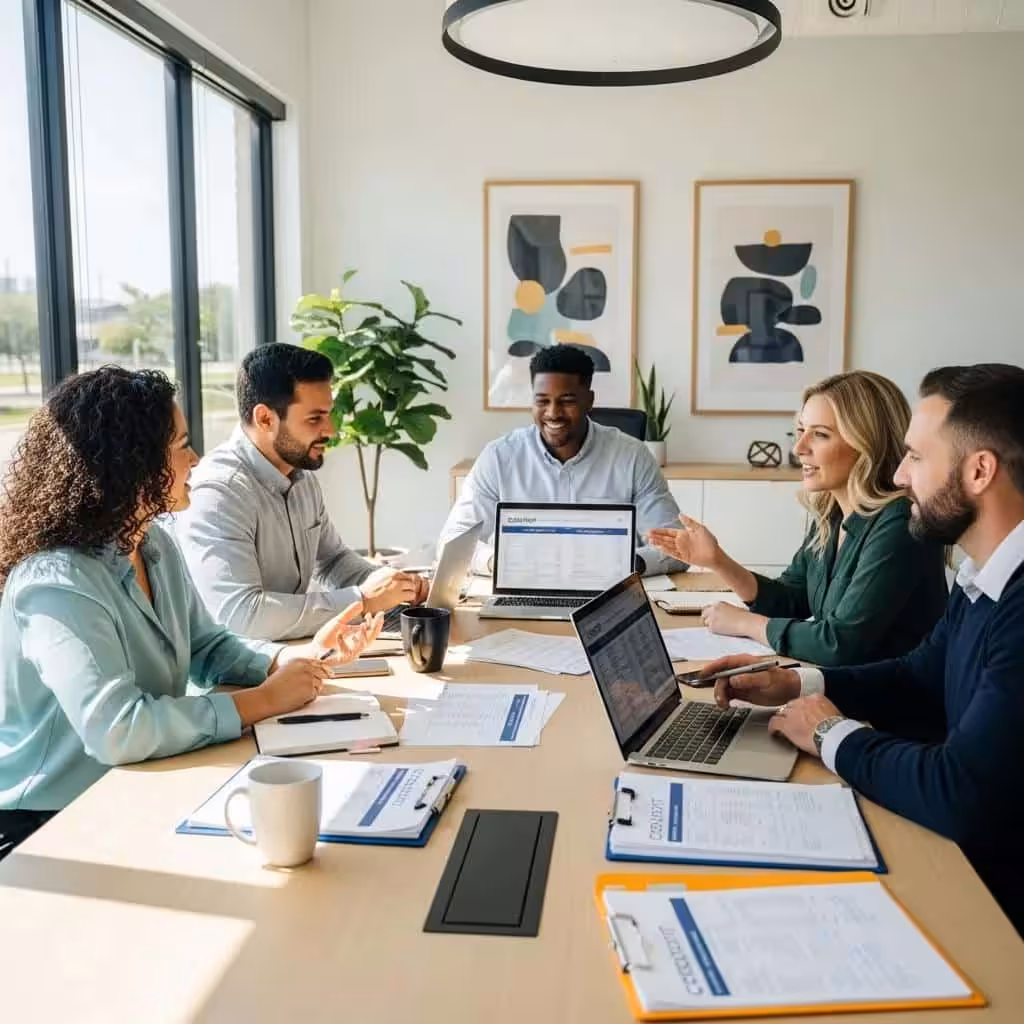 Local credit repair team collaborating in a modern office, highlighting personalized service