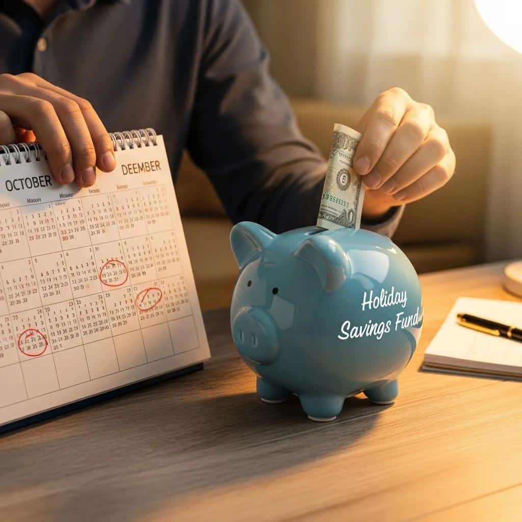 Person adding money to a piggy bank labeled 'Holiday Savings Fund' on a desk