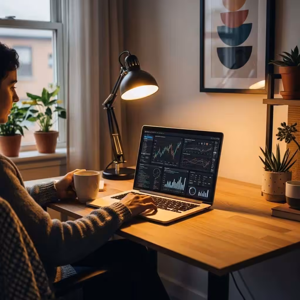 Person analyzing financial data with AI technology in a cozy home office