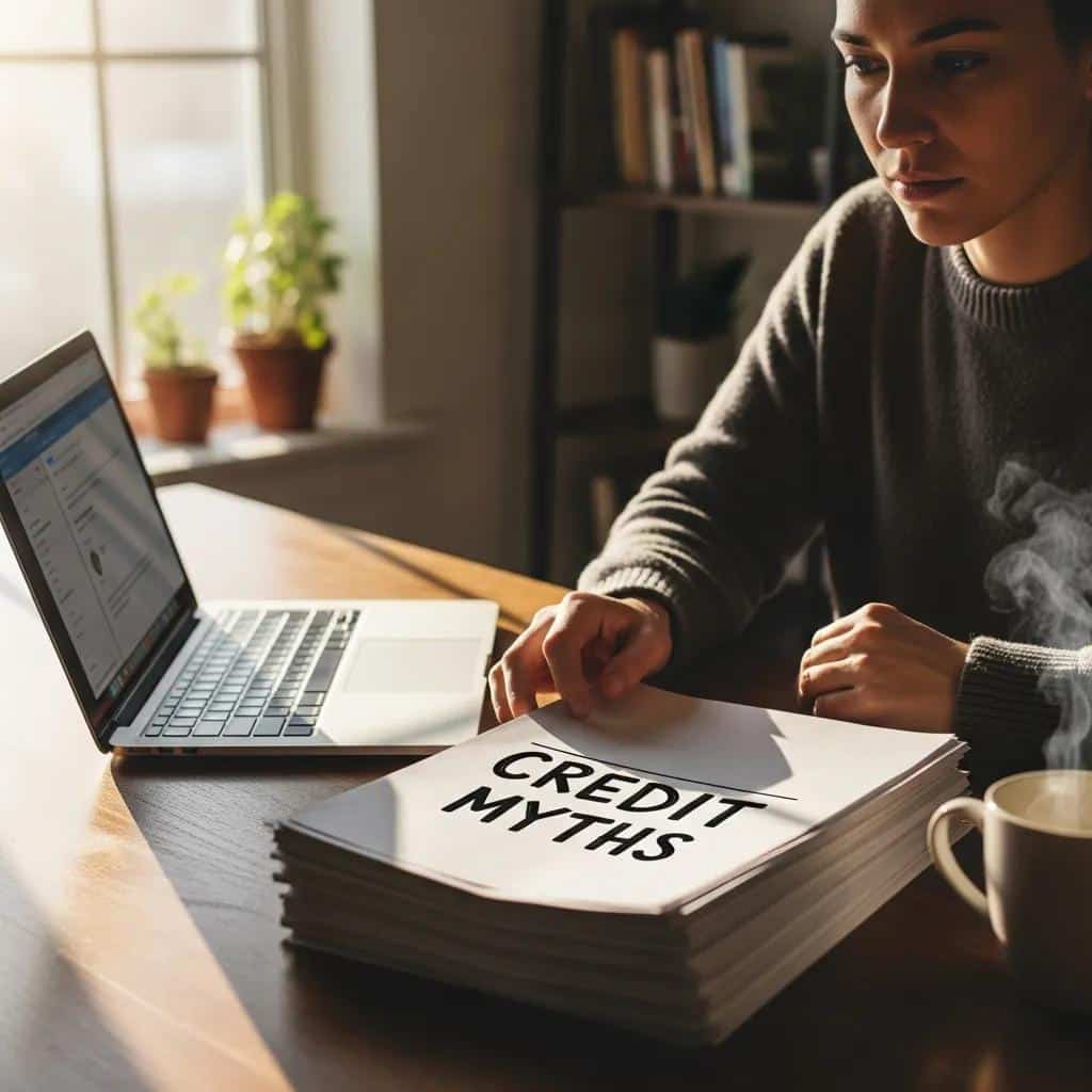 Person at a desk contemplating credit myths, representing common misconceptions about credit history