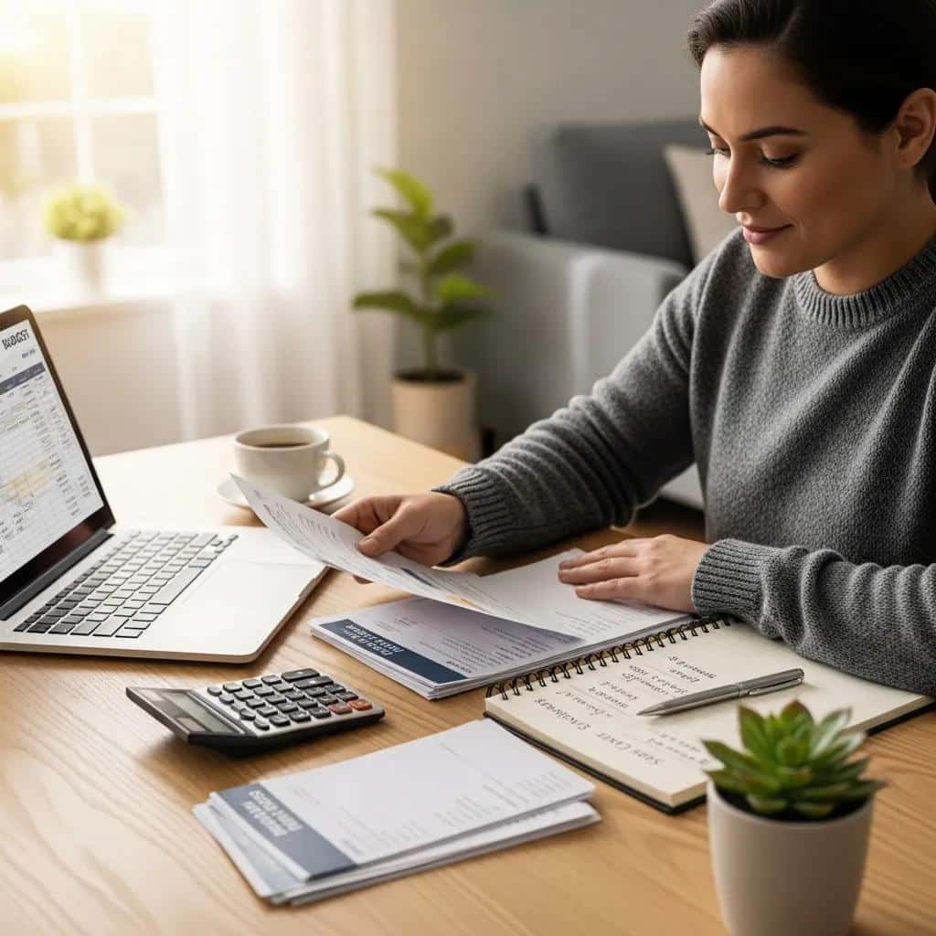 Person budgeting and reviewing credit card statements at a desk